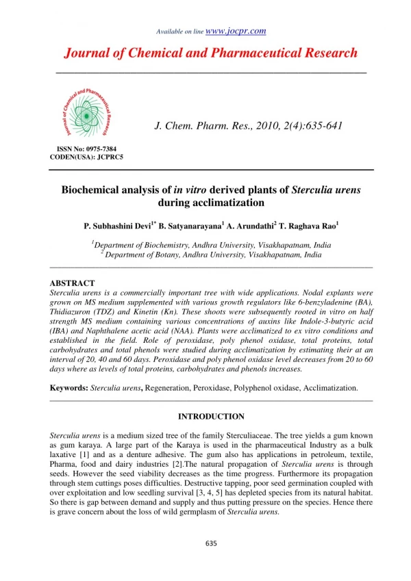 Biochemical analysis of in vitro derived plants of Sterculia urens during acclimatization