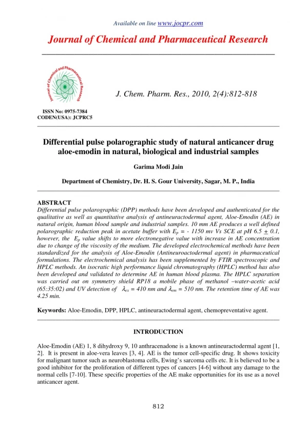 Differential pulse polarographic study of natural anticancer drug aloe-emodin in natural, biological and industrial samp