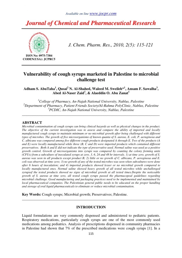 Vulnerability of cough syrups marketed in Palestine to microbial challenge test