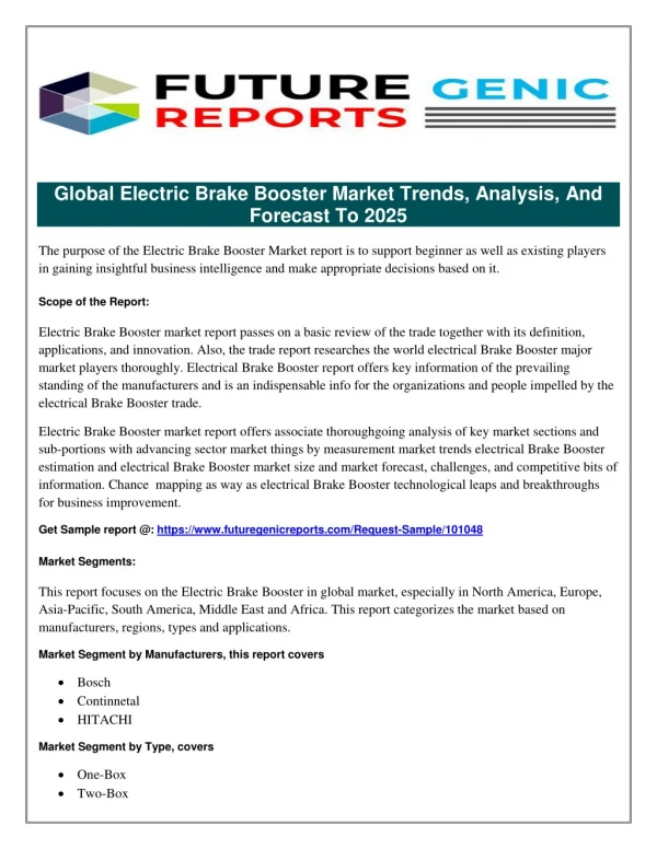 Global Electric Brake Booster Market Application Investigates Growth Inclinations for the Period Until 2020