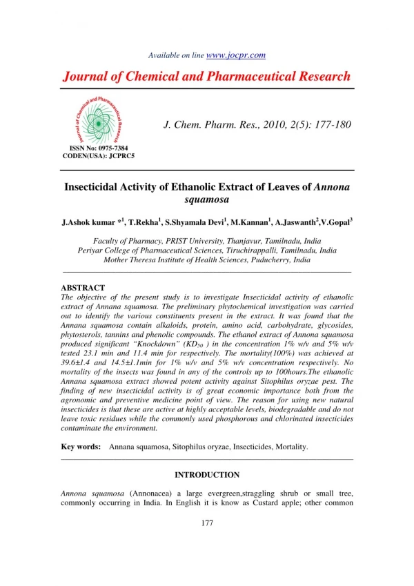 Insecticidal Activity of Ethanolic Extract of Leaves of Annona squamosa