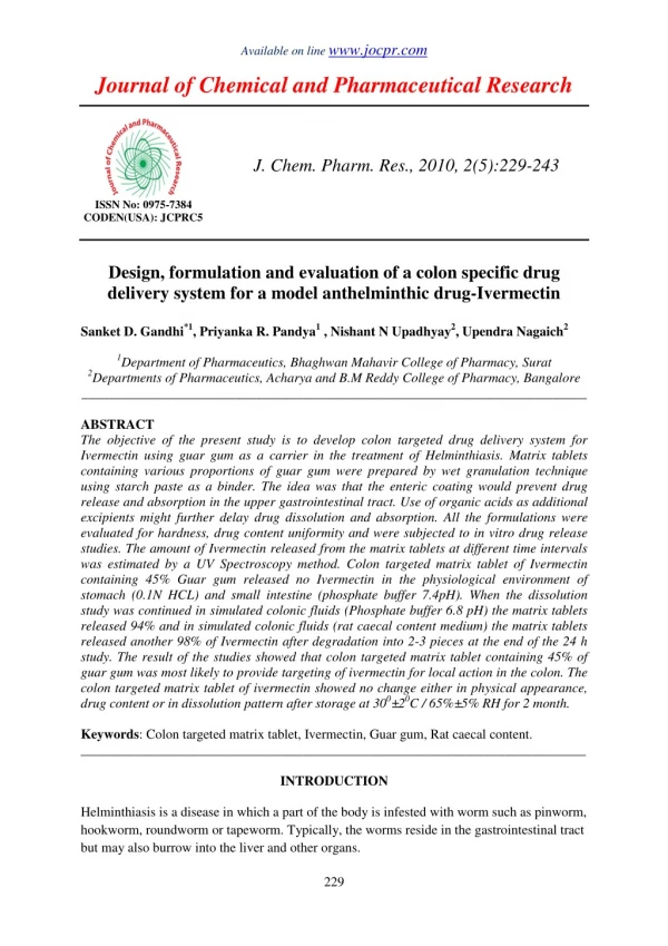 Design, formulation and evaluation of a colon specific drug delivery system for a model anthelminthic drug-Ivermectin