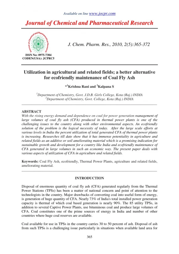 Utilization in agricultural and related fields; a better alternative for ecofriendly maintenance of Coal Fly Ash