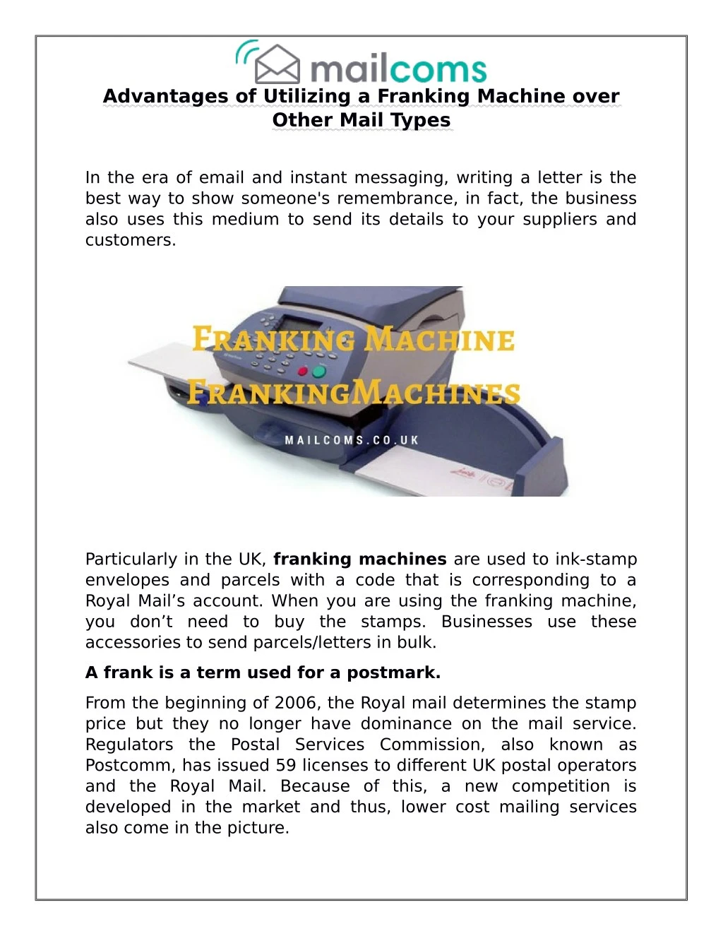 advantages of utilizing a franking machine over