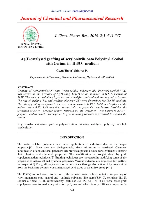 Ag(I) catalysed grafting of acrylonitrile onto Polyvinyl alcohol with Cerium in H2SO4 medium