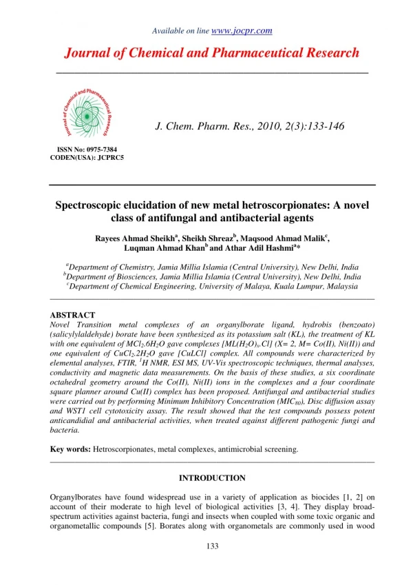 Spectroscopic elucidation of new metal hetroscorpionates: A novel class of antifungal and antibacterial agents