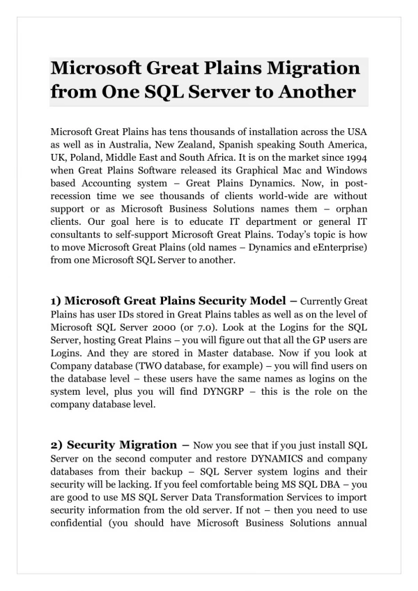 Microsoft Great Plains Migration from One SQL Server to Another