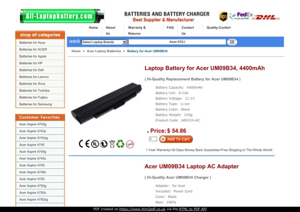 Laptop Battery for Acer UM09B34