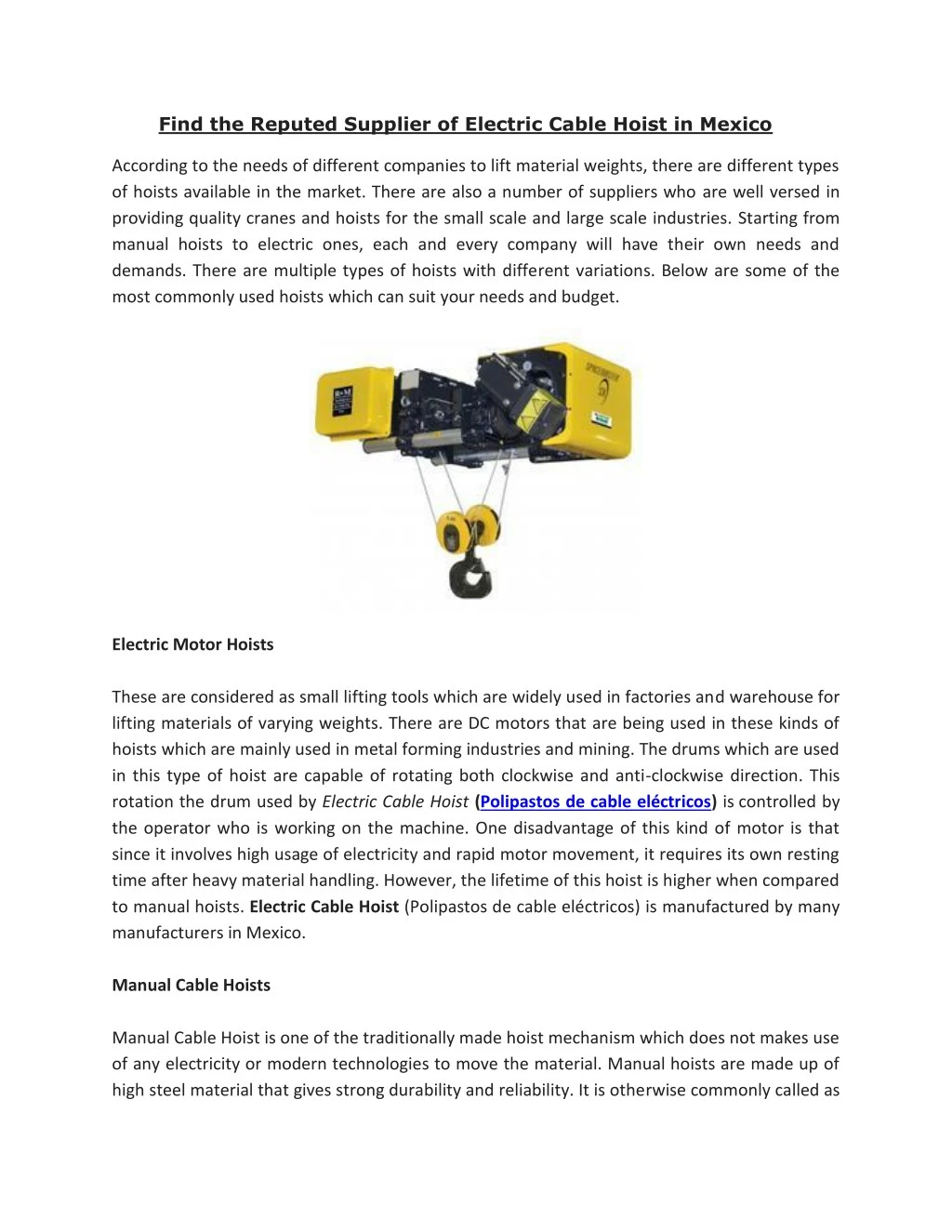 find the reputed supplier of electric cable hoist