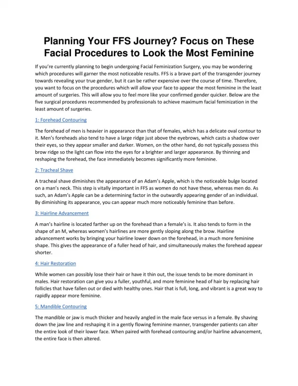 Planning Your FFS Journey? Focus on These Facial Procedures to Look the Most Feminine