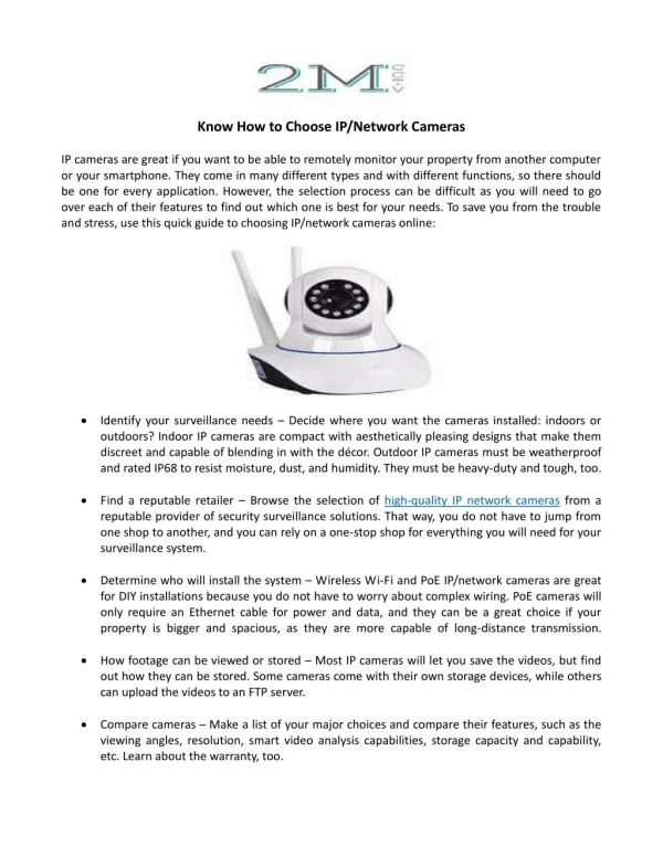 Know How to Choose IP/Network Cameras