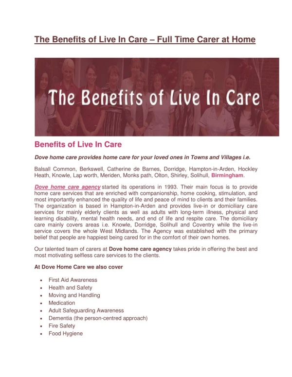 The Benefits of Live In Care – Live in Care Birmingham, Shirley, Knowle