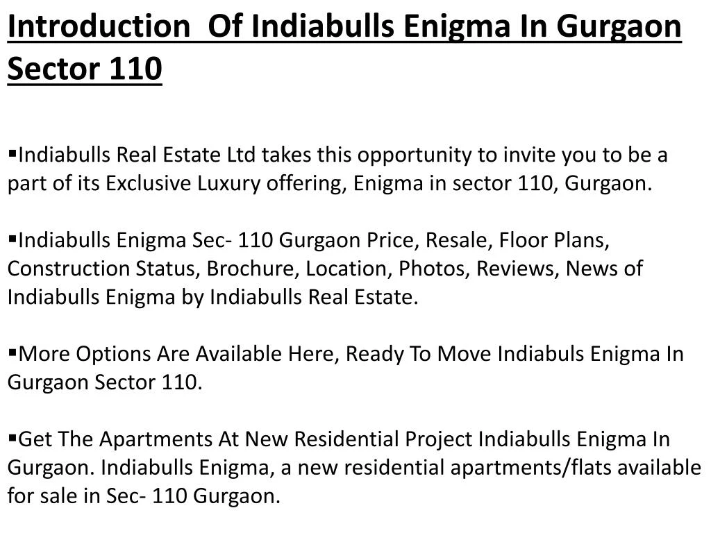 introduction of indiabulls enigma in gurgaon