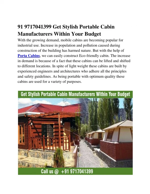 91 9717041399 Get Stylish Portable Cabin Manufacturers Within Your Budget