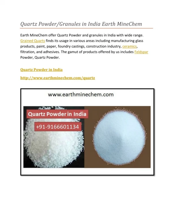 Quartz Powder/Granules in India Earth MineChem