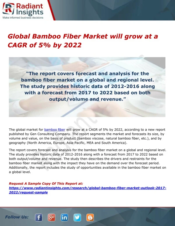 Global Bamboo Fiber Market will grow at a CAGR of 5% by 2022