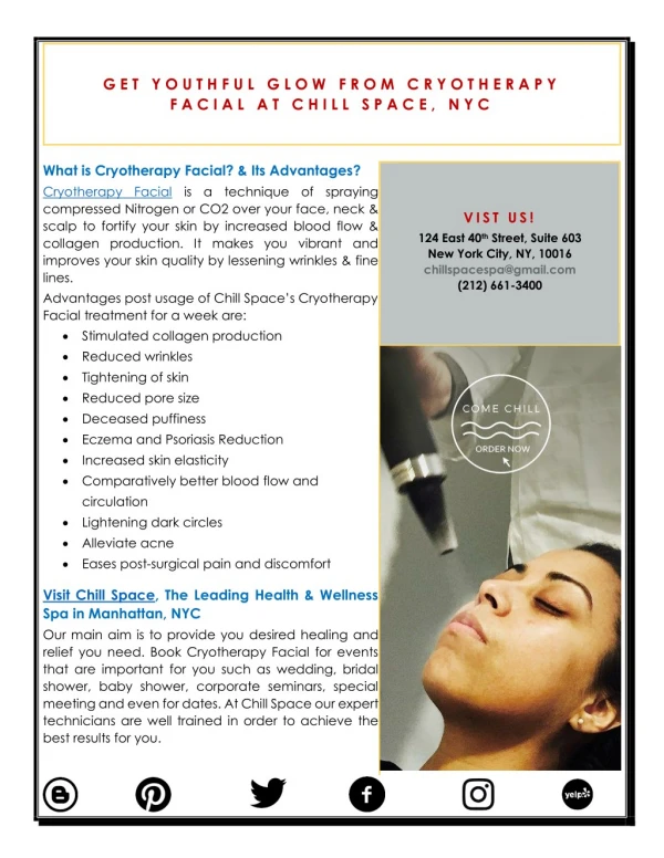 Get Youthful Glow from Cryotherapy Facial at Chill Space, NYC