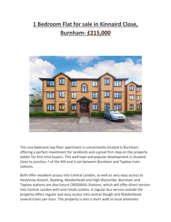 1 Bedroom Flat for sale in Kinnaird Close, Burnham- £215,000