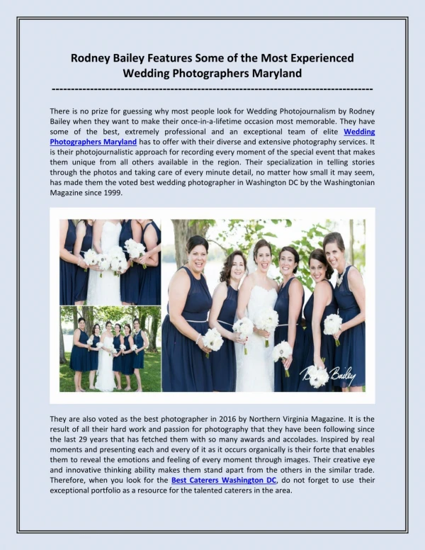 Rodney Bailey Features Some of the Most Experienced Wedding Photographers Maryland