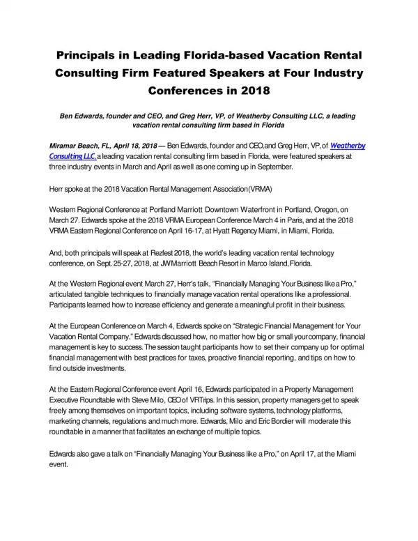 Principals in Leading Florida-based Vacation Rental Consulting Firm Featured Speakers at Four Industry Conferences in 20