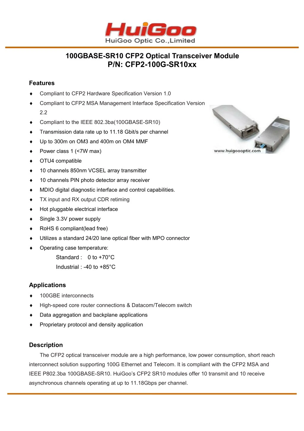 100gbase sr10 cfp2 optical transceiver module