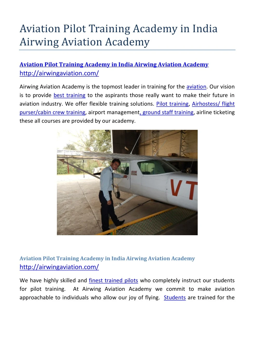 aviation pilot training academy in india airwing