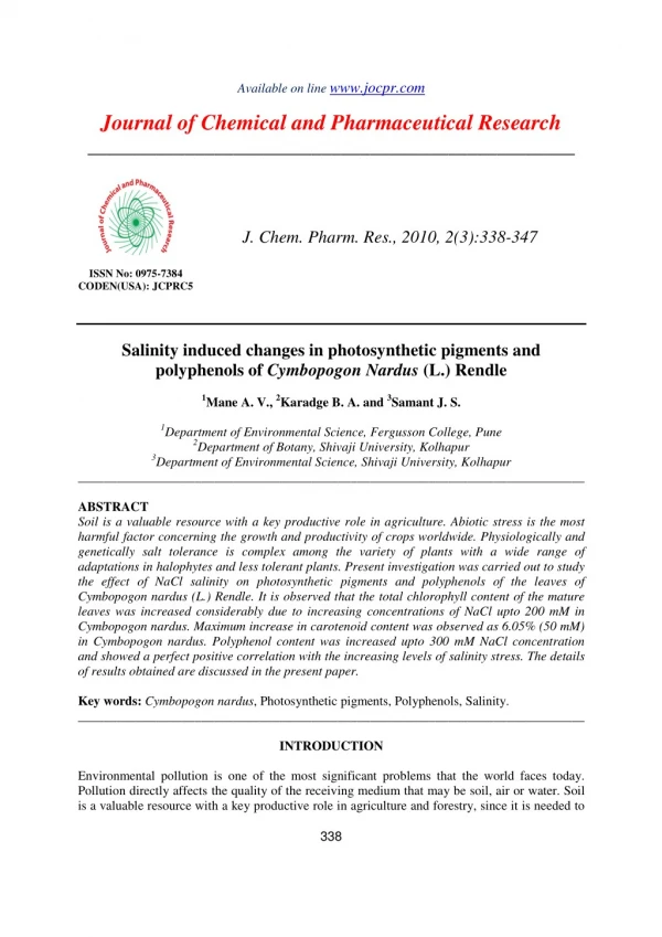 Salinity induced changes in photosynthetic pigments and polyphenols of Cymbopogon Nardus (L.) Rendle