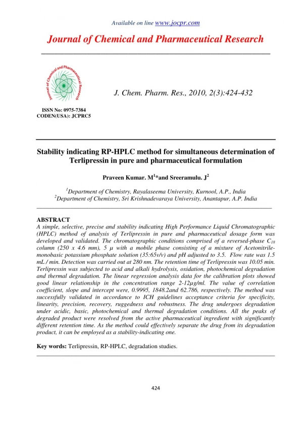 Stability indicating RP-HPLC method for simultaneous determination of Terlipressin in pure and pharmaceutical formulatio