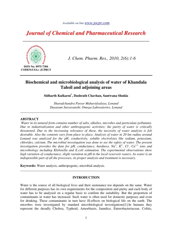 Biochemical and microbiological analysis of water of Khandala Tahsil and adjoining areas