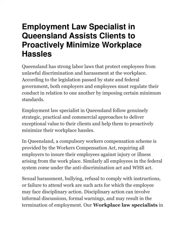 Employment Law Specialist in Queensland Assists Clients to Proactively Minimize Workplace Hassles