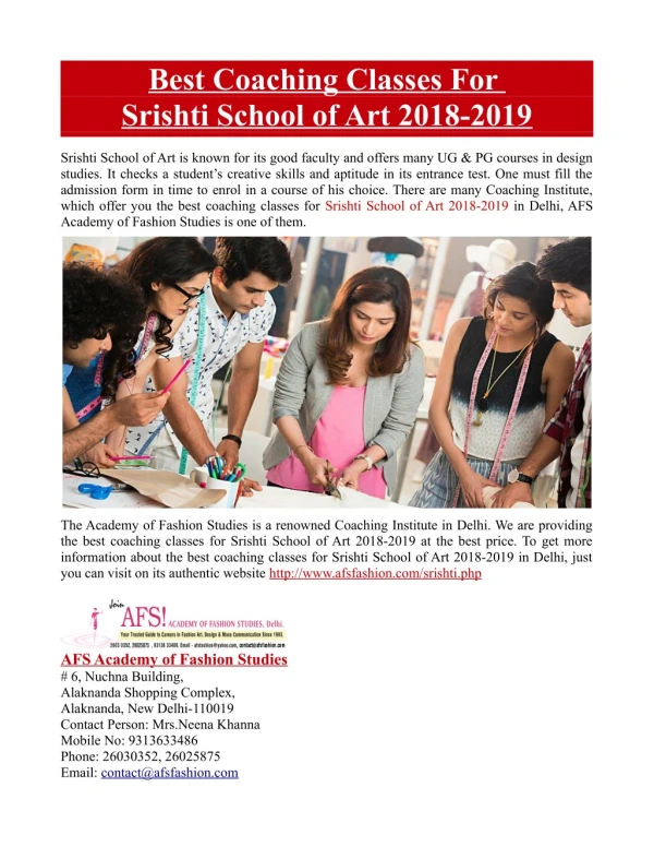 Best Coaching Classes For Srishti School of Art in Delhi
