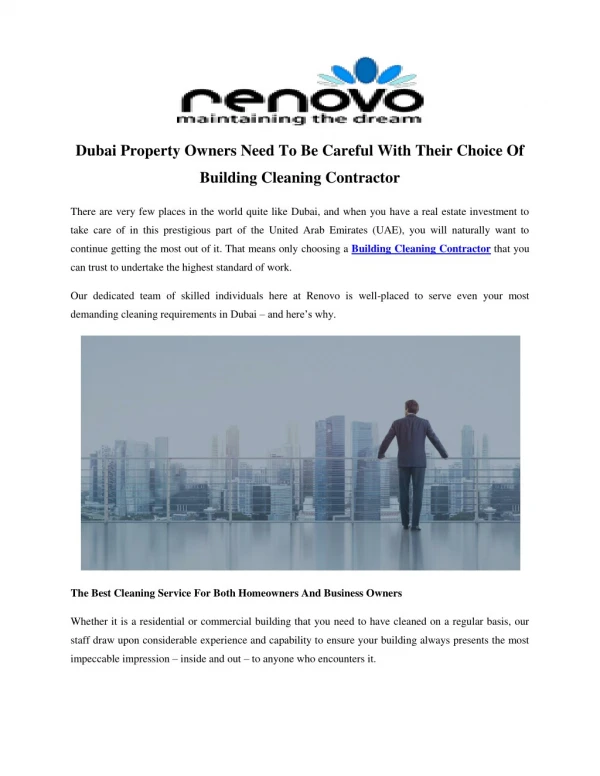 Dubai Property Owners Need To Be Careful With Their Choice Of Building Cleaning Contractor