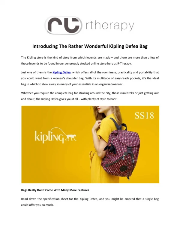 Introducing The Rather Wonderful Kipling Defea Bag