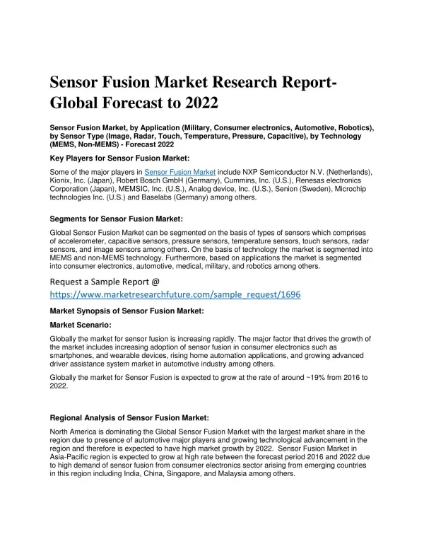Sensor Fusion Market: Research Report- Global Forecast to 2022