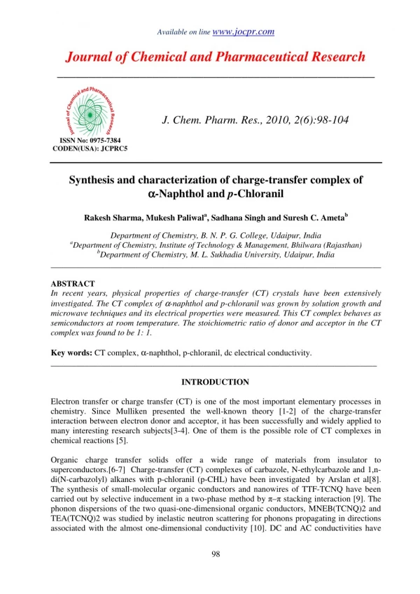 Synthesis and characterization of charge-transfer complex of α-Naphthol and p-Chloranil