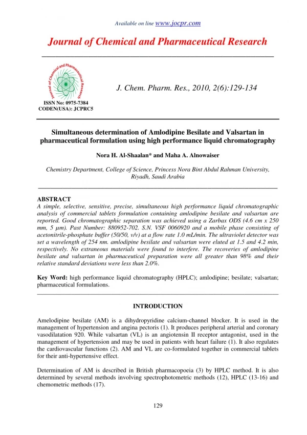 Simultaneous determination of Amlodipine Besilate and Valsartan in pharmaceutical formulation using high performance liq