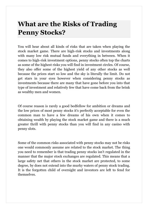 What are the Risks of Trading Penny Stocks?