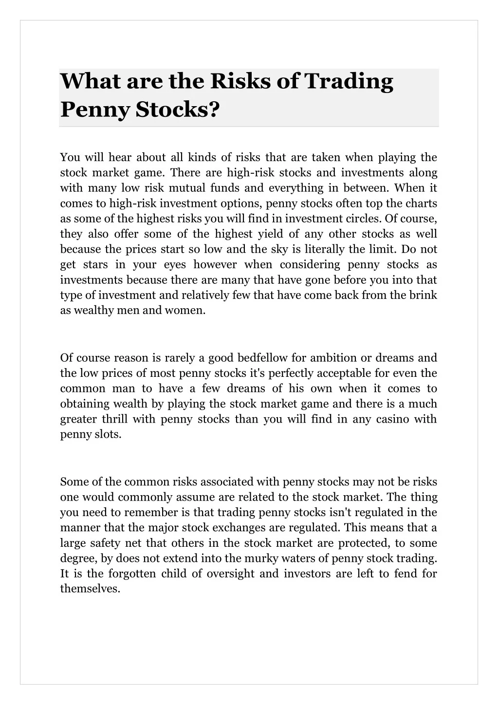 what are the risks of trading penny stocks