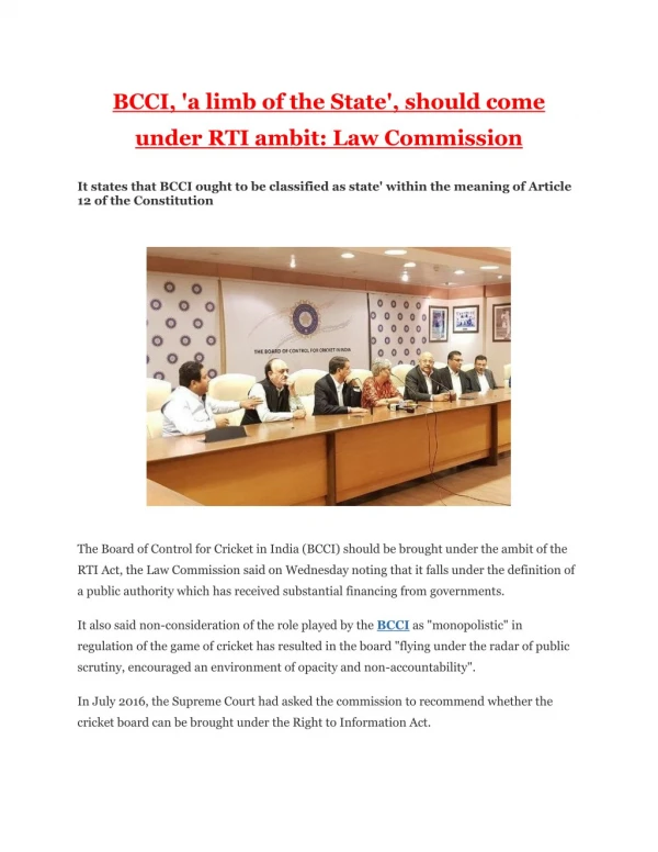 BCCI, 'a limb of the State', should come under RTI ambit: Law Commission
