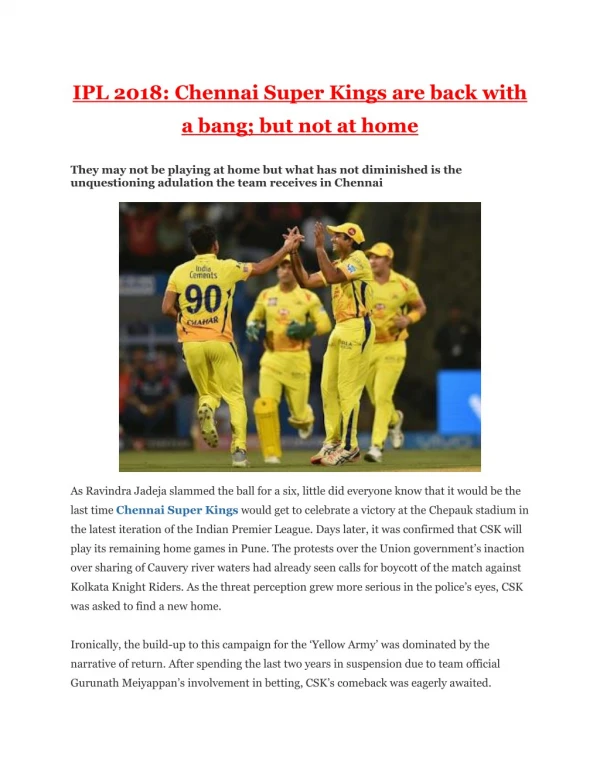 IPL 2018: Chennai Super Kings are back with a bang; but not at home