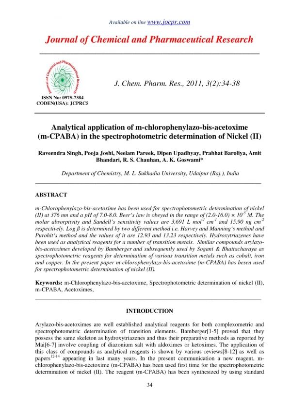 Analytical application of m-chlorophenylazo-bis-acetoxime (m-CPABA) in the spectrophotometric determination of Nickel (I