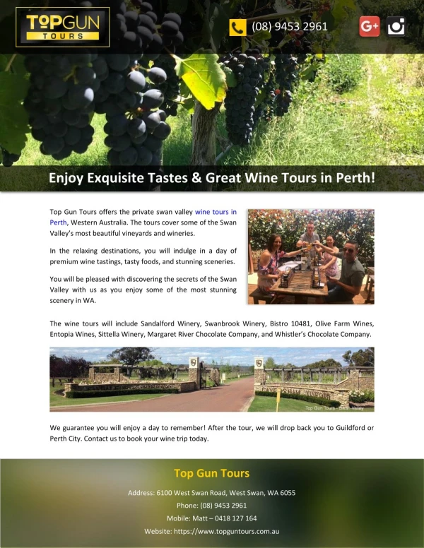 Enjoy Exquisite Tastes & Great Wine Tours in Perth!