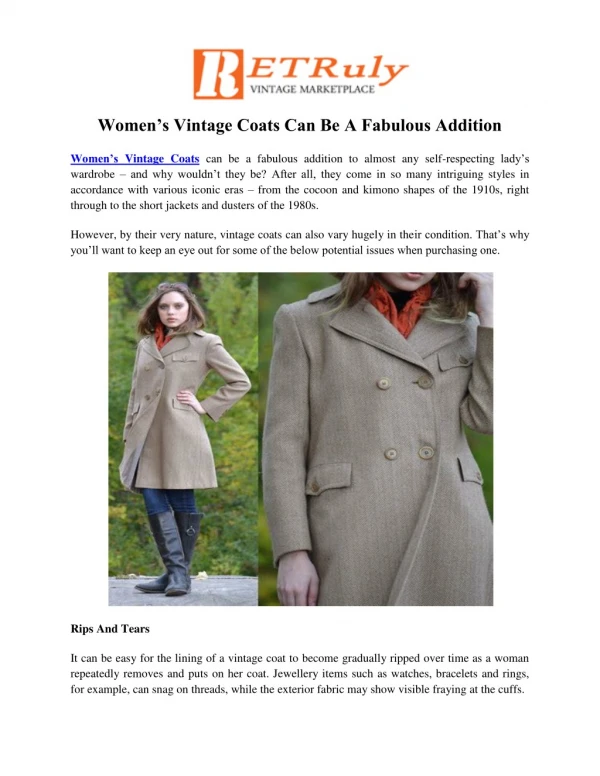 Women’s Vintage Coats Can Be A Fabulous Addition