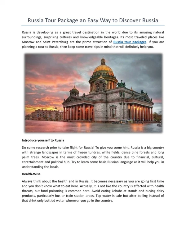 Russia Tour Package an Easy Way to Discover Russia
