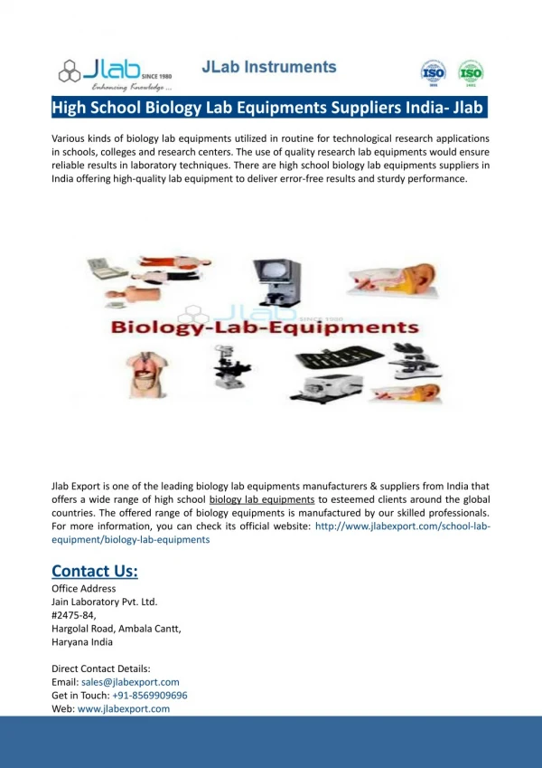 High School Biology Lab Equipments Suppliers India- Jlab Export
