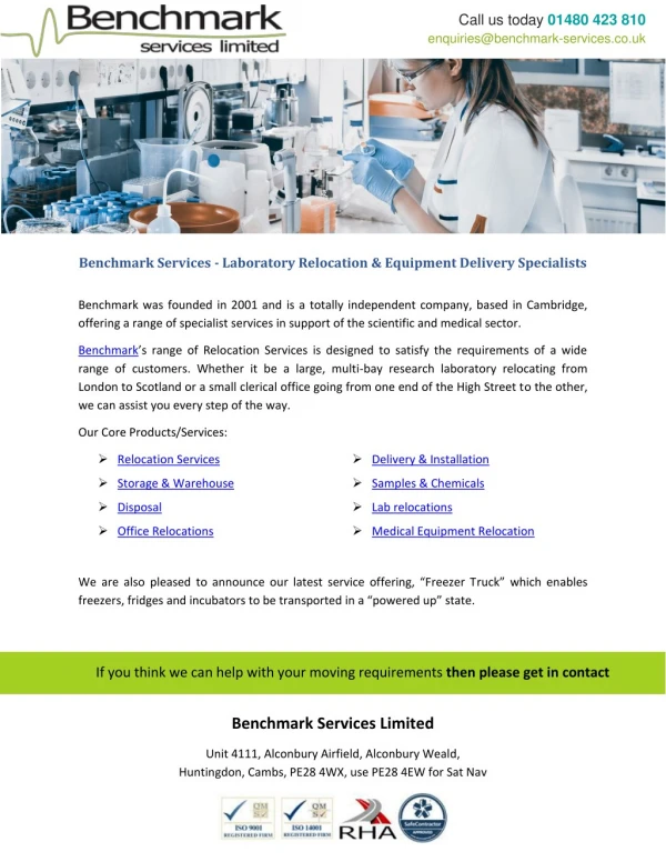 Benchmark Services - Laboratory Relocation & Equipment Delivery Specialists