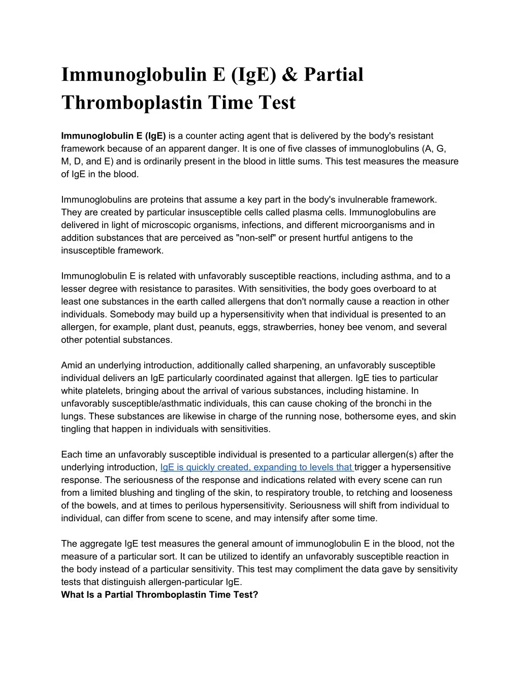 immunoglobulin e ige partial thromboplastin time