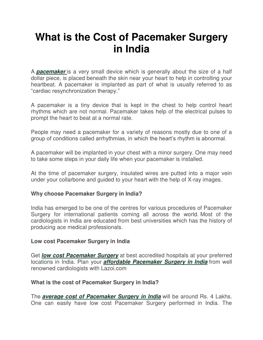 what is the cost of pacemaker surgery in india