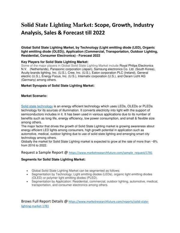 Solid State Lighting Market Research Report- Global Forecast to 2022