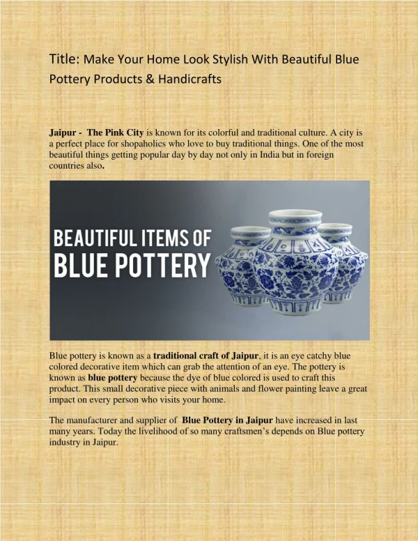 Make Your Home Look Stylish With Beautiful Blue Pottery Products & Handicrafts